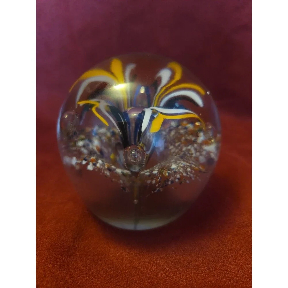 Portuguese Art Glass Hand Blown Paperweight Pulled Feather Flower Vintage